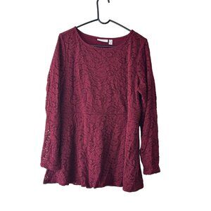 Susan Graver Womens Burgundy Lace Overlay Long Sleeve Tunic Top L Sheer Sleeves